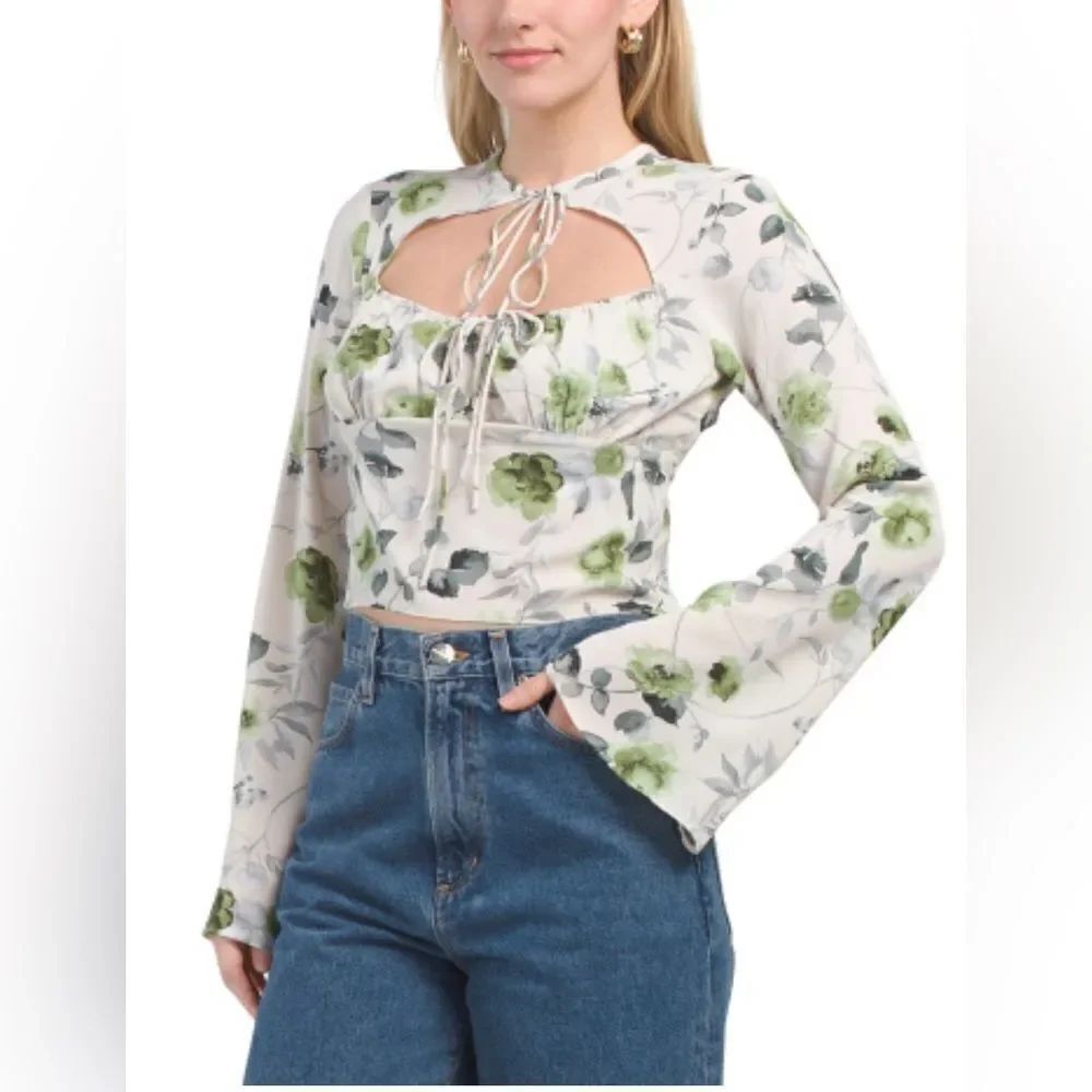 Emory Park Floral Print Long Sleeve Top with Peek A Boo neck tie Color: Sage